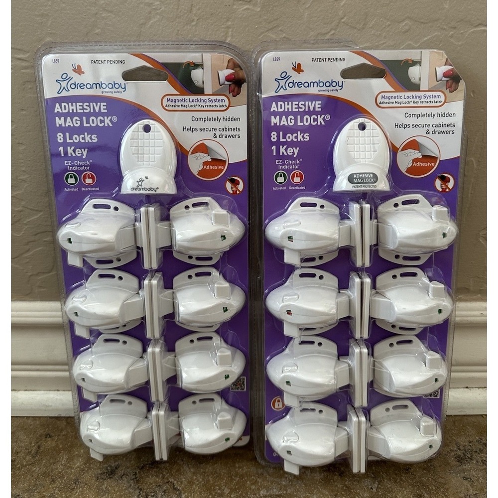2 Dreambaby Adhesive Mag Lock - 8 Locks per pack, 1 Key for Cabinets and Drawers